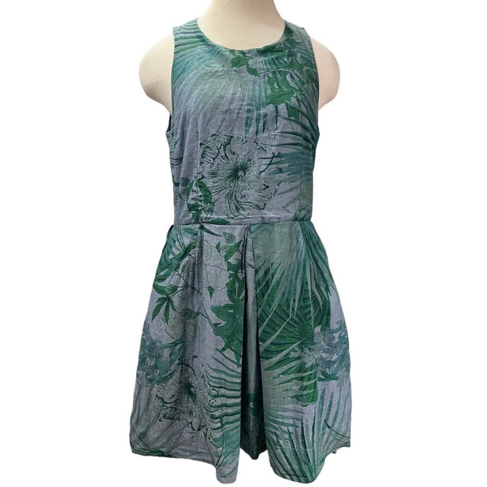Retro Style Gap Dress Size 8 Sleeveless Botanical Palm Print Chambray Blue Green
